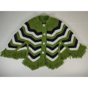 Vintage Handmade 1970s Crocheted Toddler Poncho Green Black White Chevron Retro*